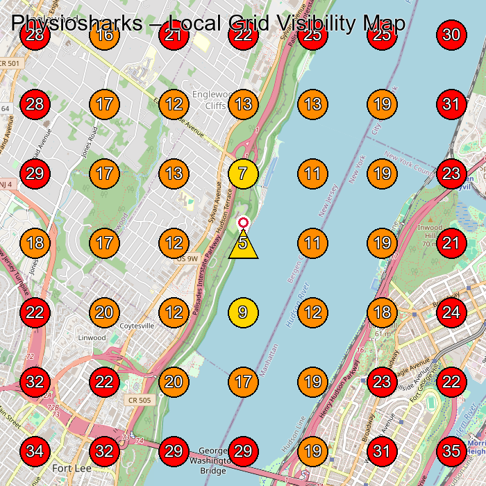 Physiosharks GeoGrid visibility map for Physical Therapy Clinic in Fort Lee